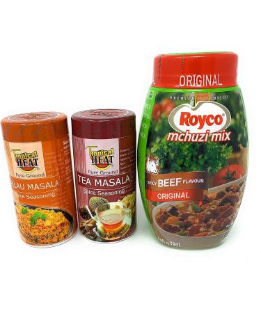 Bundle of 3 Aromatic & Flavored Spices: Tropical Heat Pilau Masala, Royco Spicy Beef Flavor, Kenyan Tea Masala - Enhance Your Foods & Teas with Extra Taste and Aroma - Buy Online on GoSupps.com
