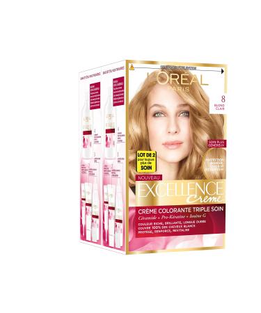 L'Oréal Paris - Excellence Crème - Triple Care Permanent Hair Color 100% Coverage for White Hair - Shade 8 Light Blonde - Pack of 2