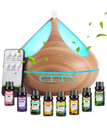 Diffusers 500ML with 8 Essential Oils Set Aromatherapy Diffusers Air Freshener Humidifiers with Remote Control 4 Timer and Waterless Auto-Off Cool Mist Humidifiers for Bedroom