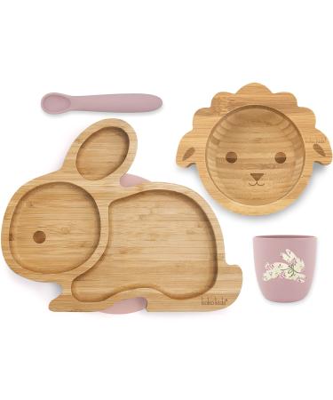 Koko Kids Bamboo and Silicone Feeding Set Rabbit Suction Plate Lamb Suction Bowl Silicone Cup and Spoon (Pink)