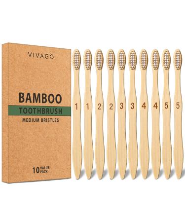 VIVAGO Bamboo Toothbrushes Medium Bristles 10 Pack - BPA Free Medium Bristles Toothbrushes for Adults | Eco-Friendly Compostable & Biodegradable Toothbrush | Natural Wooden Toothbrushes