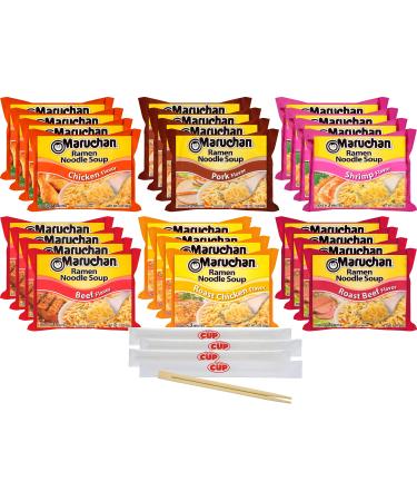 Maruchan Ramen Noodle Soup Variety - 6 Flavors, Pack of 24 with By The Cup Chopsticks