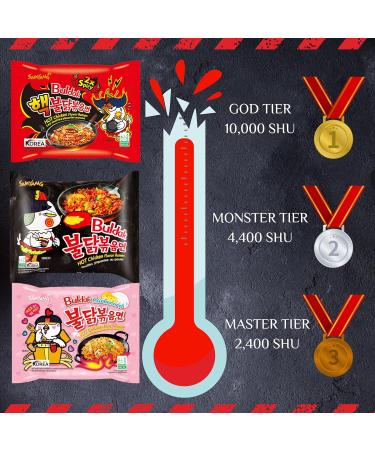 Ultimate Spicy Noodle Challenge Pack Samyang Buldak Variety Bundle with 2x Carbonara 2x Original Hot Chicken and 2x Nuclear Fire Double Spicy Noodles Korean Fire Noodle Challenge Kit - Buy Online on GoSupps.com