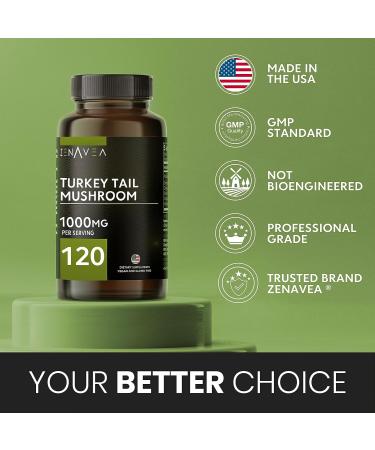 Zenavea Turkey Tail Mushroom Capsules 1000mg - Immune Support & Antioxidant - 120 Capsules Equivalent to 15,000mg - Organic Turkey Tail Supplement - Buy Online on GoSupps.com