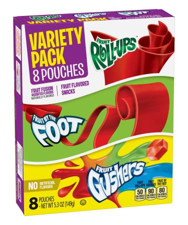 Betty Crocker Fruit Snacks, Fruit Roll-Ups, Fruit by the Foot and Fruit Gushers, Variety Snack Pack, 8 Pouches