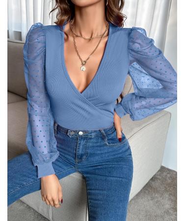 Fayenne Womens Tops Deep V Neck Cross Wrap Sexy Tops Polka Dot Mesh Long Sleeve T Shirt Casual Blouses M Grey Blue - Buy Online on GoSupps.com