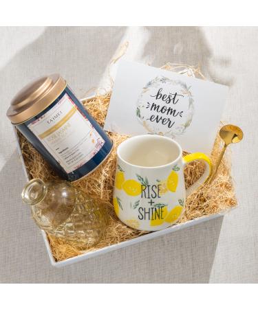 Taimei Tea Gift Sets Tea Sets For Women Mother's Day Gift Box Gift Basket for Tea Lovers with 100% Natural Decaf Rose Jasmine Herbal Tea Loose Leaf from Germany (120g-50Cups) Mug Small Glass Vase Gold Teaspoon Care Package (Best Mom Ever Card) Rose Jasmin
