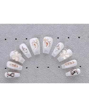PN-009 Press-On Nails Lacquered 10 Pieces Reusable False Nails Glamour Rhinestones Wedding Pearls Butterfly Moon White - Buy Online on GoSupps.com