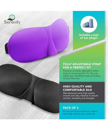 Serenily Super Smooth Sleep Mask - 3 Pack | Lightweight 3D Contoured Eye Mask for Sleeping with Adjustable Strap | Includes Earplugs | Travel Blindfold Mask - Buy Online on GoSupps.com