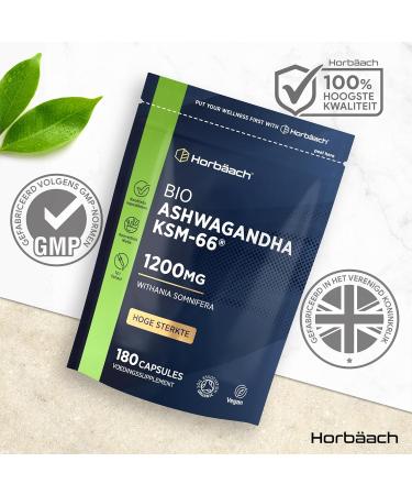 Horbach Ashwagandha KSM66 Organic 1200mg Capsules 180 High Strength Vegan Capsules Organic Ashwagandha KSM Extract Supplement from Horbaach - Buy Online on GoSupps.com