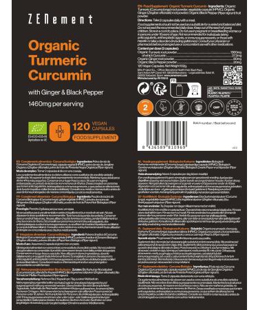 Zenement Ecological Turmeric - 1460mg per Serving (2 Capsules) with Ginger and Black Pepper - 100% Ecological and Vegan High Absorpti - Buy Online on GoSupps.com