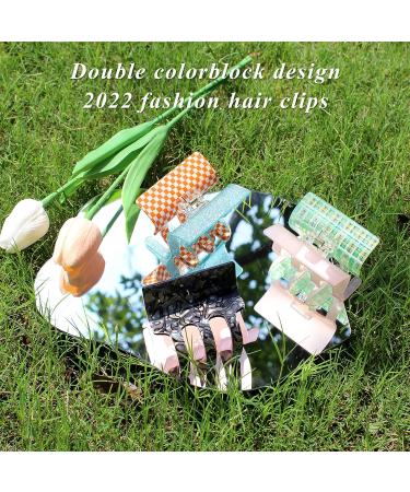 Checker Hair Claw Clips Set for Women - 3PCS AB-side Hair Accessories in Pink-Green, Pink-Black, Orange-Blue - Acrylic Big Open Claw Clips for Long Thick Hair - Buy Online on GoSupps.com