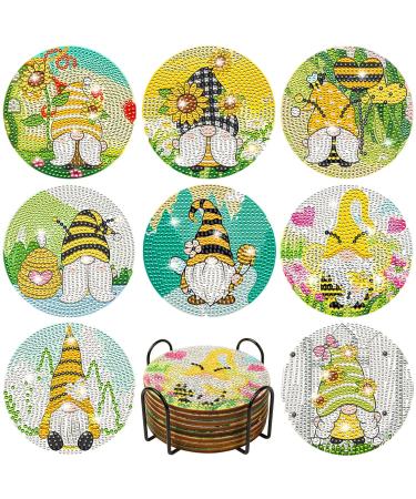 8 PCS Sunflower Gnome Diamond Paintings Coasters Diamond Art Coasters with Holder  DIY Sunflower Diamond Painting Spring Summer Gnome for Beginners Kids Adults
