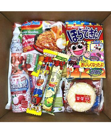 Mashi Box Asian Dagashi Snack Surprise Mystery Box 25 Pieces w/ 3 FULL SIZE Items Including Drink Instant Noodle Assortment of Chinese Korean Japanese Sweet and Savory Snacks Candy Food
