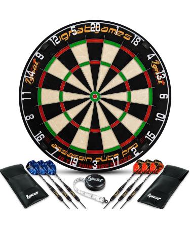 IgnatGames Professional Dart Board Set - Bristle/Sisal Tournament Dartboard with Completely Staple-Free Ultra-Thin Wire Spider + 6 Professional Steel Tip Darts + Darts Accessories + Darts eBook