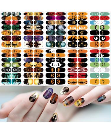 TailaiMei 10 Sheets Halloween Nail Wraps Stickers Nail Polish Strips Self-Adhesive Full Wraps with 2 pcs Nail Files for DIY Nail Art Decals (Horror Style) Halloween, Full wraps, 10 Sheets
