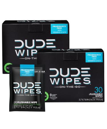 DUDE Wipes On-The-Go Flushable Wet Wipes - 2 Pack, 60 Wipes - Unscented Extra-Large Individually Wrapped Wipes with Vitamin E & Aloe - Septic and Sewer Safe Fragrance Free 30 Count (Pack of 2)