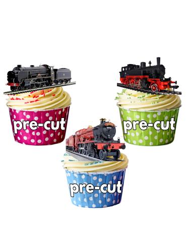 AK Giftshop Vintage Steam Engine Train Mix 3 Cake Decorations - 12 Edible Wafer Cup Cake Toppers