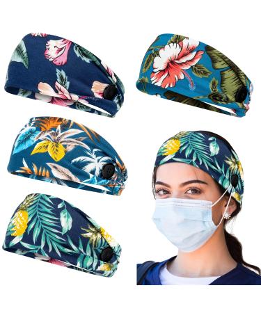 Headbands with Buttons for Mask  Nurse Headbands Non Slip with Ear Savers for Women Men  Sweatband Head Wrap for Yoga Sports  Tropical Hawaiian