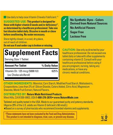 Nature Made Extra Strength Vitamin D3 5000 IU | Bone, Teeth, Muscle, Immune Health Support | 70 Sugar-Free Fast Dissolve Tablets - Buy Online on GoSupps.com