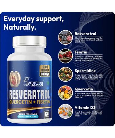Humming Herbs Resveratrol Supplement with Quercetin Fisetin Spermidine & Vitamin D3 Antioxidant Support for Healthy Cellular Function - 1200 mg 120 Vegan Capsules Non-GMO Gluten-Free - Buy Online on GoSupps.com