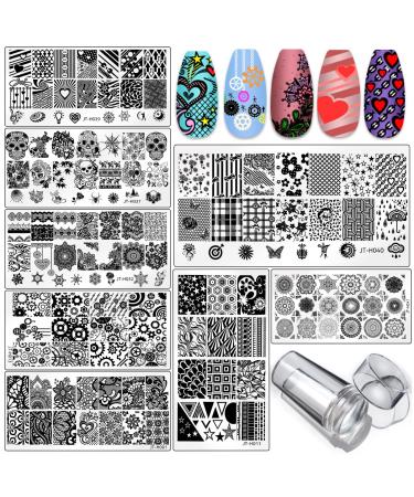 LoveOurHome Nail Stamping Kit 8pc Lace Flower Heart Skull Nails Stamps Plate Template Stencil with Clear Silicone Stamper Scraper Manicure French Design Tools Geometric & Lace