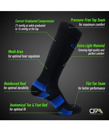 CFA V1 Compression Socks for Men & Women - Ideal for Running Gym Cycling & Muscle Recovery - Sustainable Danish Design in Super Black/Blue - Buy Online on GoSupps.com