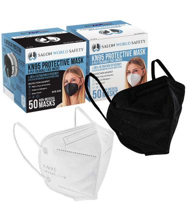 Salon World Safety KN95 Protective Masks, Box of 50 White & 50 Black - Filter Efficiency =95%, 5-Layers, Sanitary 5-Ply Non-Woven Fabric, Safe, Easy Breathing 100 Black/White