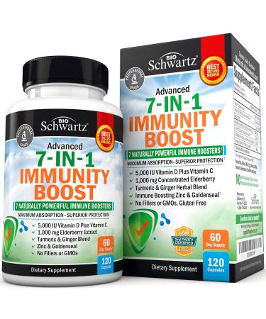 Immune Support Supplement with Zinc Vitamin C Vitamin D 5000 IU Elderberry Ginger D3 Goldenseal - Dr Approved Immunity Vitamins for Adults Women and Men - Natural Immune System Booster Defense -120ct 60-Day Supply 7-in-1 Capsules (Pack of 1)