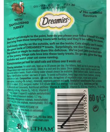 Dreamies Cat Treats Bundle - 2 Flavours - Tantalising Turkey and Delicious Cheese 60g (one of each) - Buy Online on GoSupps.com