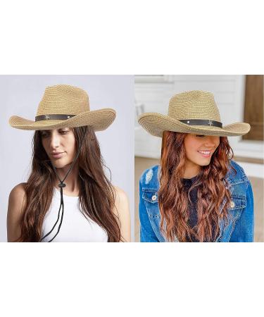 Khaki Straw Cowboy Cowgirl Hat with Wide Brim Sun Protection - Men Women Western Style - Buy Online on GoSupps.com