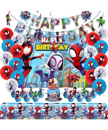 Spidey and His Amazing Friends Birthday Decorations, Party Supplies Set Include Banner, Backdrop, Balloons, Hanging Swirls, Cake Cupcake Toppers, Tablecloth for Boys Girls Spidey Theme Party