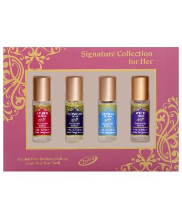 Zoha Signature Perfume Collection for Her | Gift for Women & Men | Alcohol Free & Essential Oil Based | Long Lasting & Vegan Fragrance Four Roll On 5 ml/0.17 Oz Each 5ML Collection for Her
