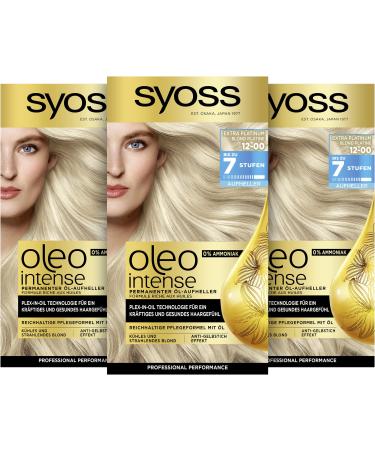 Syoss Oleo Intense oil-upheller 12-00 Extra Platinum level 3 (133 ml) permanent hair color with nourishing oil coloring without ammonia extra platinum 115 ml (3 Pack) - Buy Online on GoSupps.com