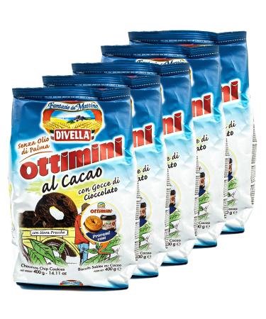 Divella Divella - Pack of 5 Ottimini Biscotti al Cacao biscuits in a 400g pack - Chip Cookies Butter Biscuits with refined traditional Italian cocoa (sweets from Italy)