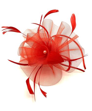 Ladies Large Feather Aliceband Fascinator Weddings Races Royal Ascot Headband (Red)