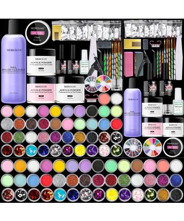 Morovan Acrylic Nail Kit - 3 Colors Acrylic Powder and 42 Colored Acrylic Powder with Everything Acrylic Nail Brush Nail Tips Nail Art Supplies for Acrylic Nails Extension Beginner kit clear,white,pink