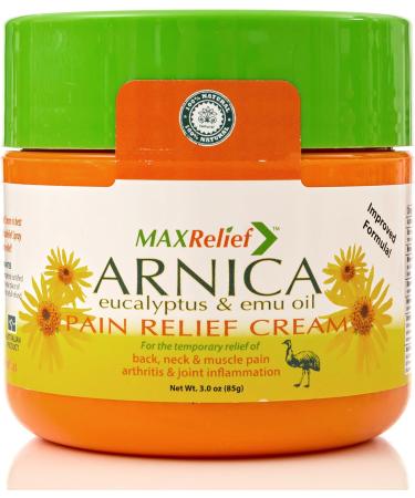 Max Relief Arnica Montana Pain Cream Joint Inflammation Fibromyalgia & Plantar Fasciitis Relief Emu Oil - 3 Oz
