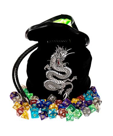 Large Dice Bag with 7 Complete Dice Sets | Dragon DND Dice Bag and 49 Polyhedral Dice | Black Dice Bag with Pockets