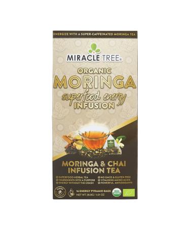 Miracle Tree's Energizing Moringa Infusion - Chai | Super Caffeinated Blend | Healthy Coffee Alternative, Perfect for Focus | Organic Certified & Non-GMO | 16 Pyramid Sachets Chai 16 Count (Pack of 1)