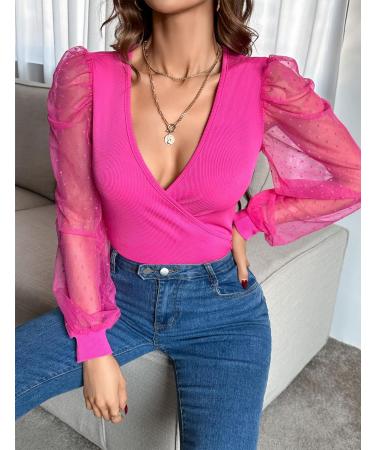 Fayenne Womens Tops Deep V Neck Cross Wrap Sexy Tops Polka Dot Mesh Long Sleeve T Shirt Casual Blouses S Hot Pink - Buy Online on GoSupps.com