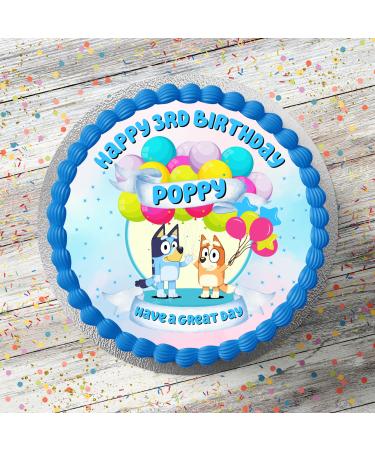 Blue Dog Themed Personalised PRECUT Cake Topper 8 Inch Round Edible Icing Sheet Birthday Cake Decoration