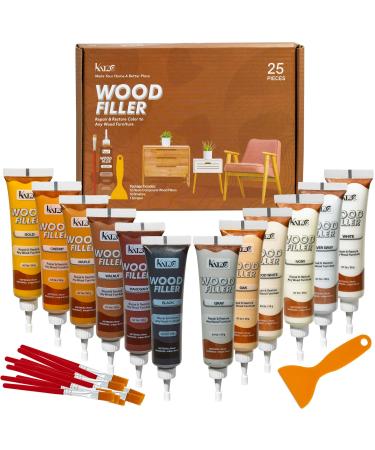 Katzco Furniture Repair Wood Fillers - Set of 25 - Resin Repair Compounds and Brushes with Plastic Scraper - For Stains, Scratches, Wood Floors, Tables, Desks, Carpenters, Bedposts