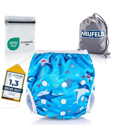 Neufeld swimming diaper baby (including free bag & e -book) - reusable swimming diaper 2 years - baby swimming diaper (gr. S blue) S (up to 12kg) Funny sharks