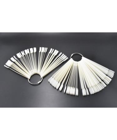 2 Sets 100 Tips Fan Shape White Plastic Nail Art Tips Display Polish Board Display Practice Sticks with Metal Split Ring Holder