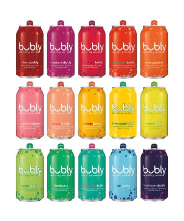 Bubly Sparkling Water, 15 Flavor Sampler, 12 fl oz Cans, (18 Pack), Blue
