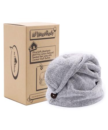 myHomeBody Hair Towel Wrap | Luxury Anti-Frizz Rapid-Dry Hair-Drying Turban | Ultra Soft and Quick Drying Absorbent Charcoal Fiber, with Coconut Shell Button Grey 1
