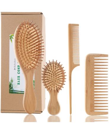 Bamboo Hair Brush Comb Set, Eco-Friendly Anti-Static Detangling Comb Hairbrush for Women and Men - Tail Comb, Tooth Comb, Big and Mini Massage Wooden Brush for Thick Thin Curly Straight Dry Wet Hair