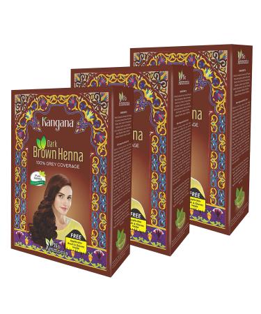 Kangana Henna Powder for Hair Dye / Colour - Dark Brown Henna Powder for 100% Grey Coverage- 6 pouches each - Total 180g (6.34 Oz)- Pack of 3