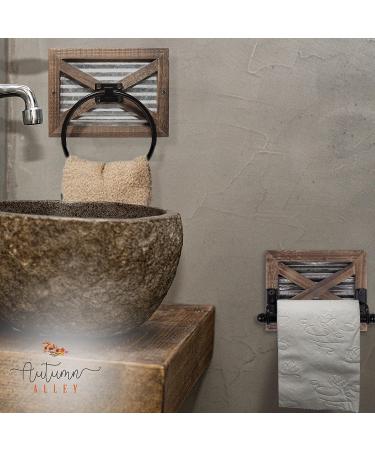Rustic Farmhouse Toilet Paper Holder - Bathroom Rustic Country Decor - Autumn Alley Brown Wood Galvanized Metal Black Metal - Rustic Charm Accessory - Buy Online on GoSupps.com